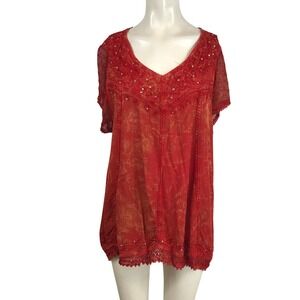 Sakkas Red Orange Acid Wash Sequin Boho Tunic Top Plus Size Cotton Crochet Lace